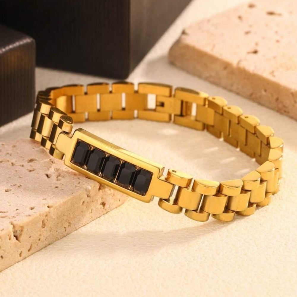 18K Gold Plated Bracelet 10mm blk Stone Inlay, Tarnish Resistant